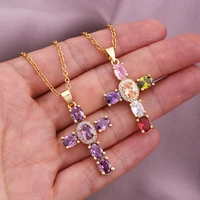 luxury colored zircon cross pendant necklace for women stainless steel charm chain christian jewelry men gift collier femme