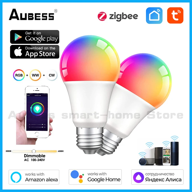 

Aubess Zigbee3.0 TUYA Smart Light Bulb Wireless App Remote Control Alexa Alice Google Home E27 RGB+CW+WW Compatible LED Lamp