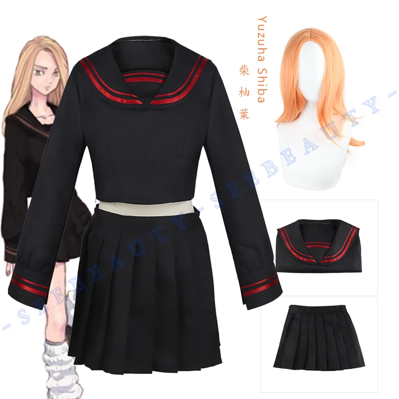 

Anime Tokyo Revengers Yuzuha Shiba Cosplay Costume Black Sailor Suit Skirt Set for Girls Long Orange Ginger Wig Party Role Play