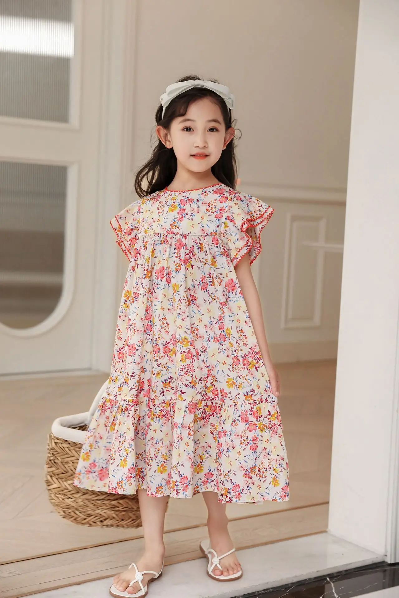 

Summer Casual Floral Print French Flying Sleeves Dress Girls A-line One-piece Dress Children Clothing Free Shipping