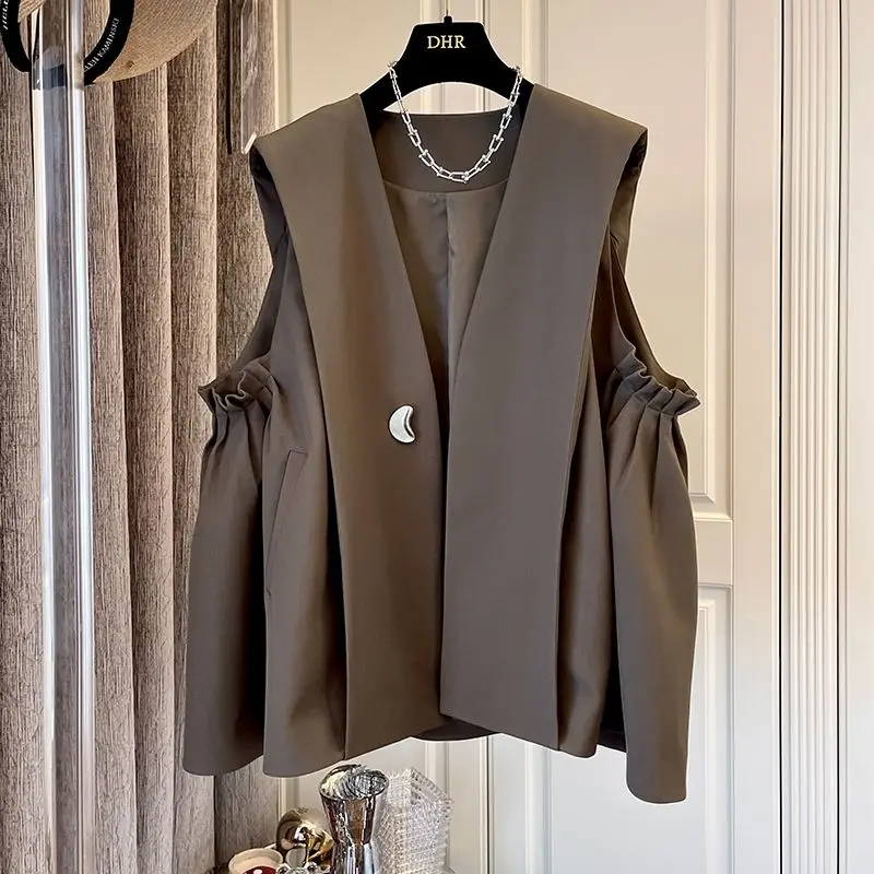 

Женский кардиган, жилет, весна 2023, новая Корейская версия, свободный однотонный костюм-трапеция без рукавов, жилет в маленьком коричневом цв...