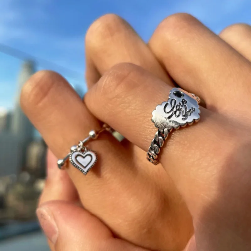 

Cool Silver Dainty Heart Pendant Ring Set 2Pcs Creative Vintage Love You Letters Finger Rings for Women Fashion Punk Jewelry