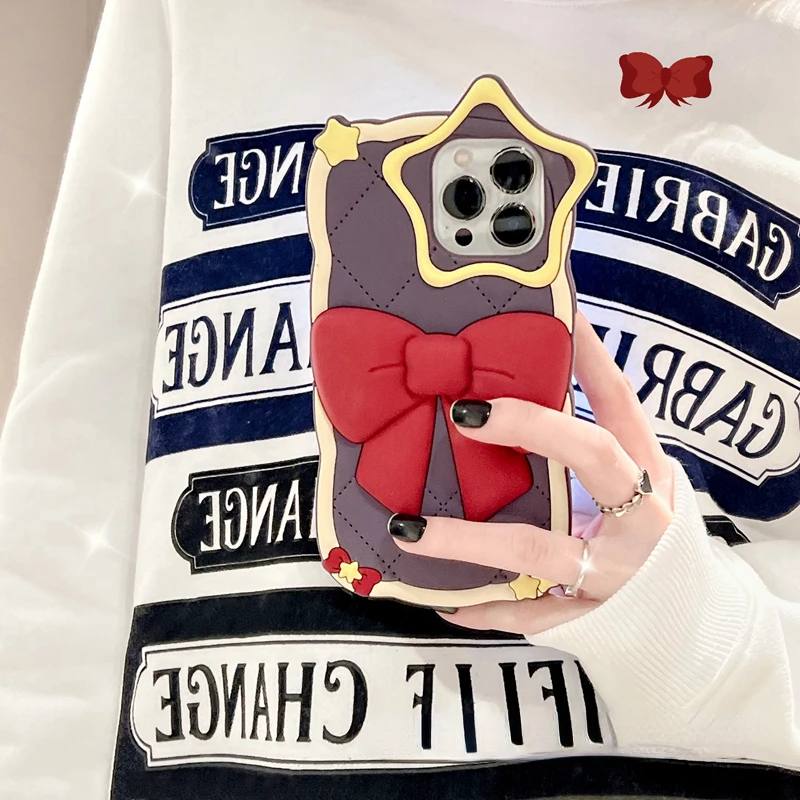 

3D Creative Cartoon Cute Star Phone Case For IPhone 14Pro Max 13Plus 12 11 X XR INS Style Big Red Bow Silicone Shockproof Cover