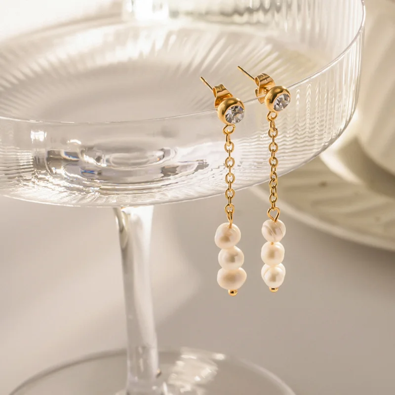 

Minar Chic Anti Tarnish Freshwater Pearl Beaded Drop Earrings Women 18K Gold Plated Stainless Steel Long Tassel Earring Gifts