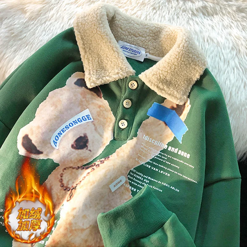 

New Vintage Thick Sweatshirts Women Casual Lamb Polo Collar Long Sleeve Cartoon Hoodie Harajuku Streetwear Oversized Pullovers