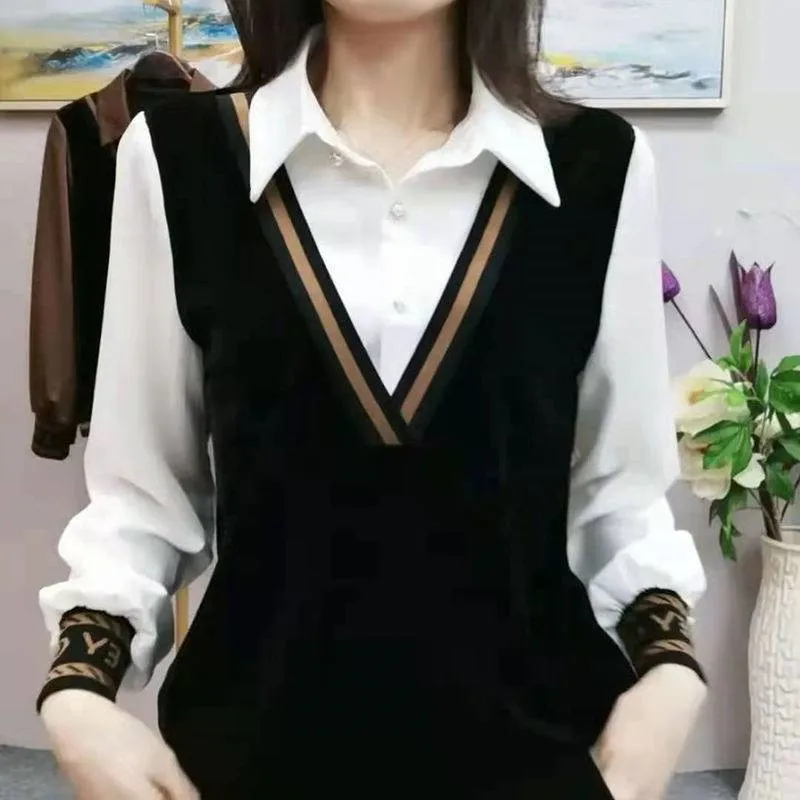 

Mom's Fashion Blouse New Korean Spring Fake Two Shirts Tops Women's Clothing Pullover Square Collar Bottomed Shirt 4XL