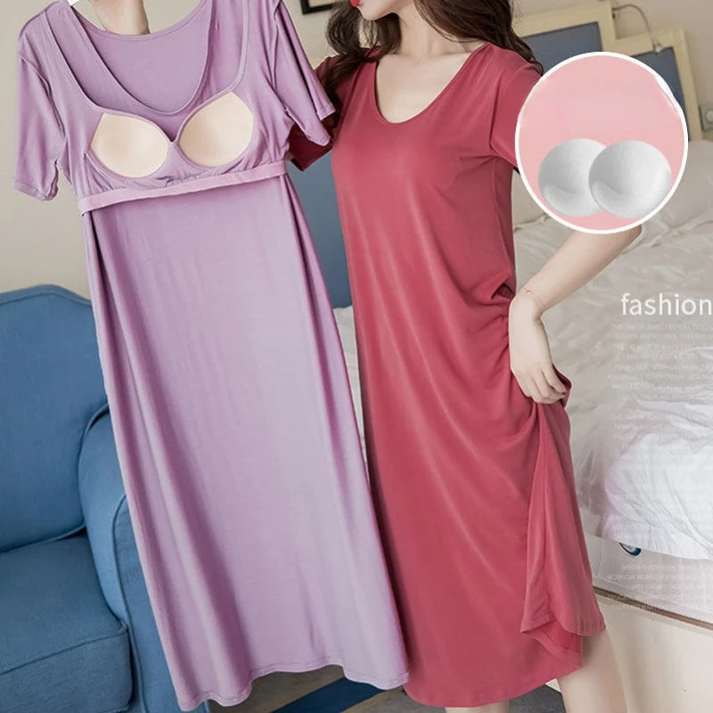 Women's Pajamas with Chest Pads Short Sleeve Robe Sexy Korean Retro Dress with Thin Chest Pads Thin Solid Color Pajamas Za New