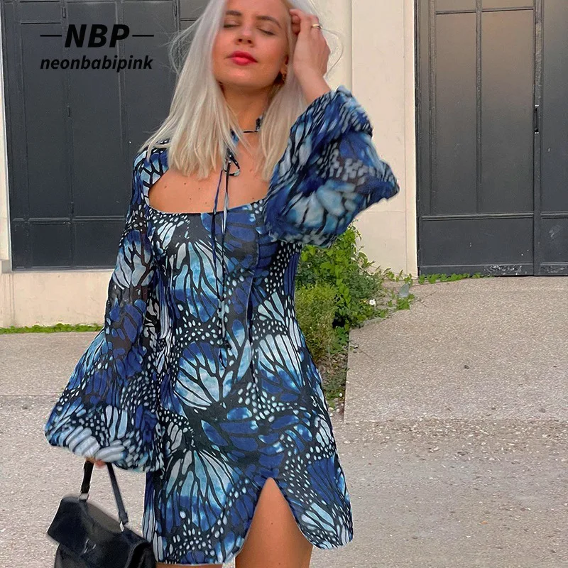 

NEONBABIPINK Blue Butterfly Printed Long Sleeve Dress Romantic Sexy Vacation Outfits for Women Vintage Split Mini Dress N85-CG19