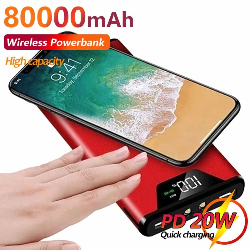 

80000mAh Wireless Ultra-thin Power Bank Portable Charger Digital Display Outdoor Travel Fast Charging for Xiaomi Samsung IPhone