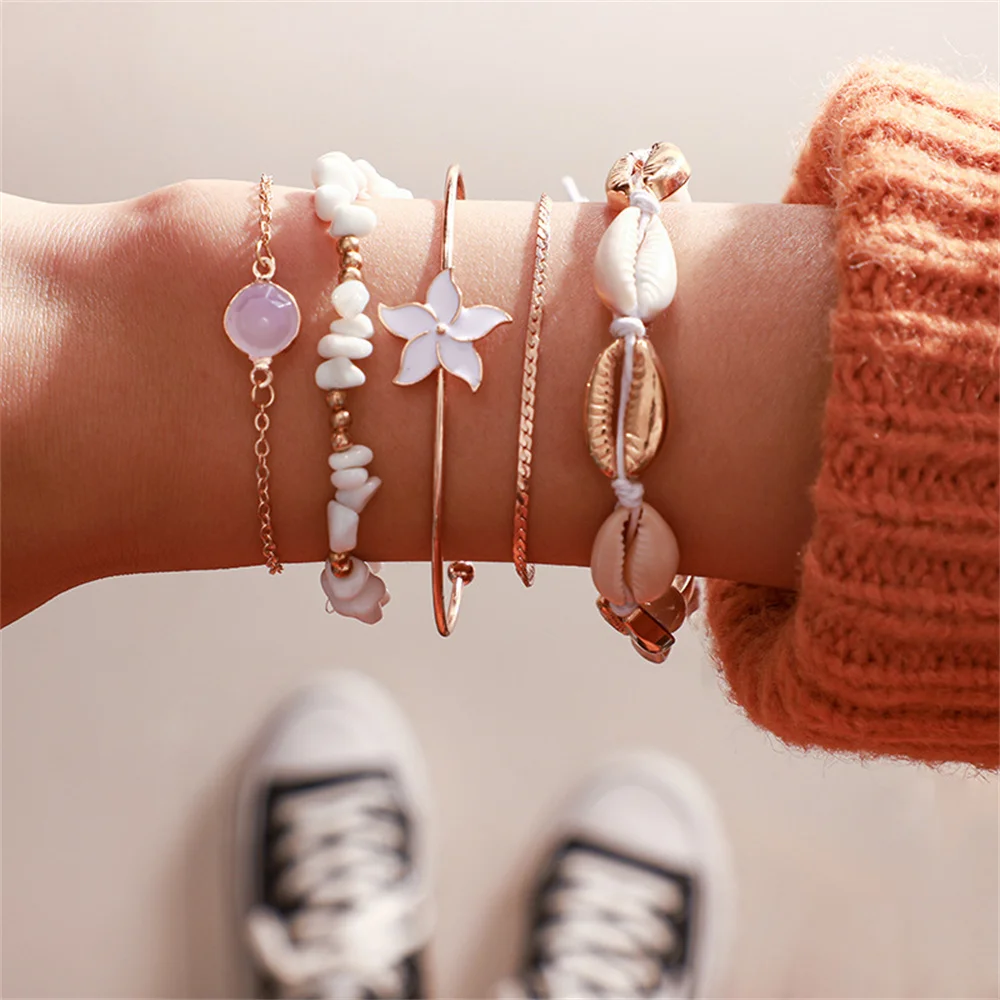 

5pcs/sets Natutal Stone Bead Bracelets for Women White Flowers Summer Shell Opeal Chain Sea Jewelry Wholesale vintage wedding