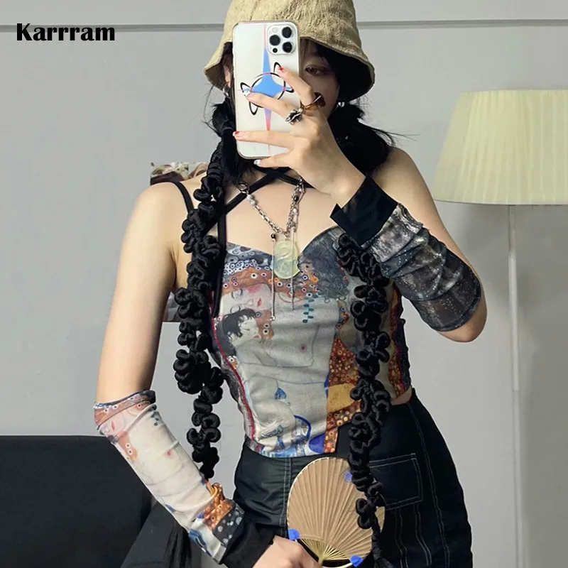 

Кроп-топ Karrram Y2k в стиле пэчворк, эстетичный сетчатый топ в японском стиле Харадзюку, футболка с принтом сказочного ядра, уличная одежда возр...