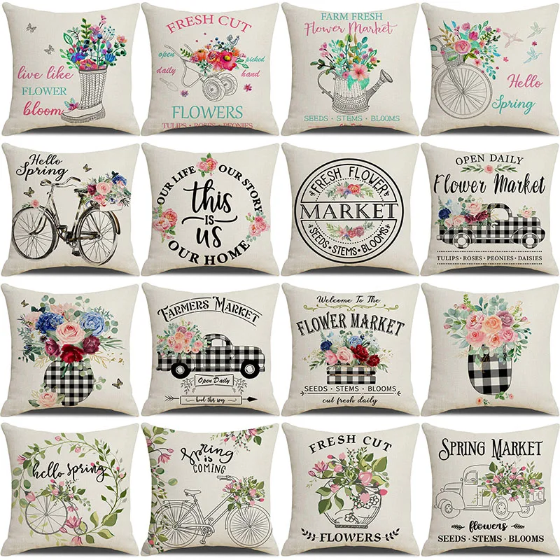 

Spring Plant Floral Pillow Cover 45X45cm Truck Letter Decorative Linen Sofa Cushion Cover Print Pillowcases Farmhouse Home Decor