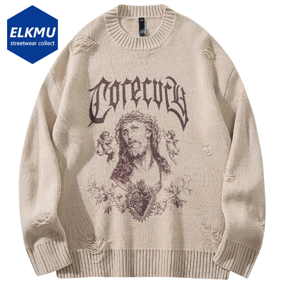 

Мужской Готический свитер Hi Street, черный рваный пуловер оверсайз в стиле Харадзюку, джемпер в стиле хип-хоп,