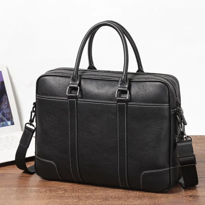 Men Double Zipper Genuine Leather Handbag Male Business Travel Laptop Shoulder Bag Men's Office Briefcase Totes for A4 Paper