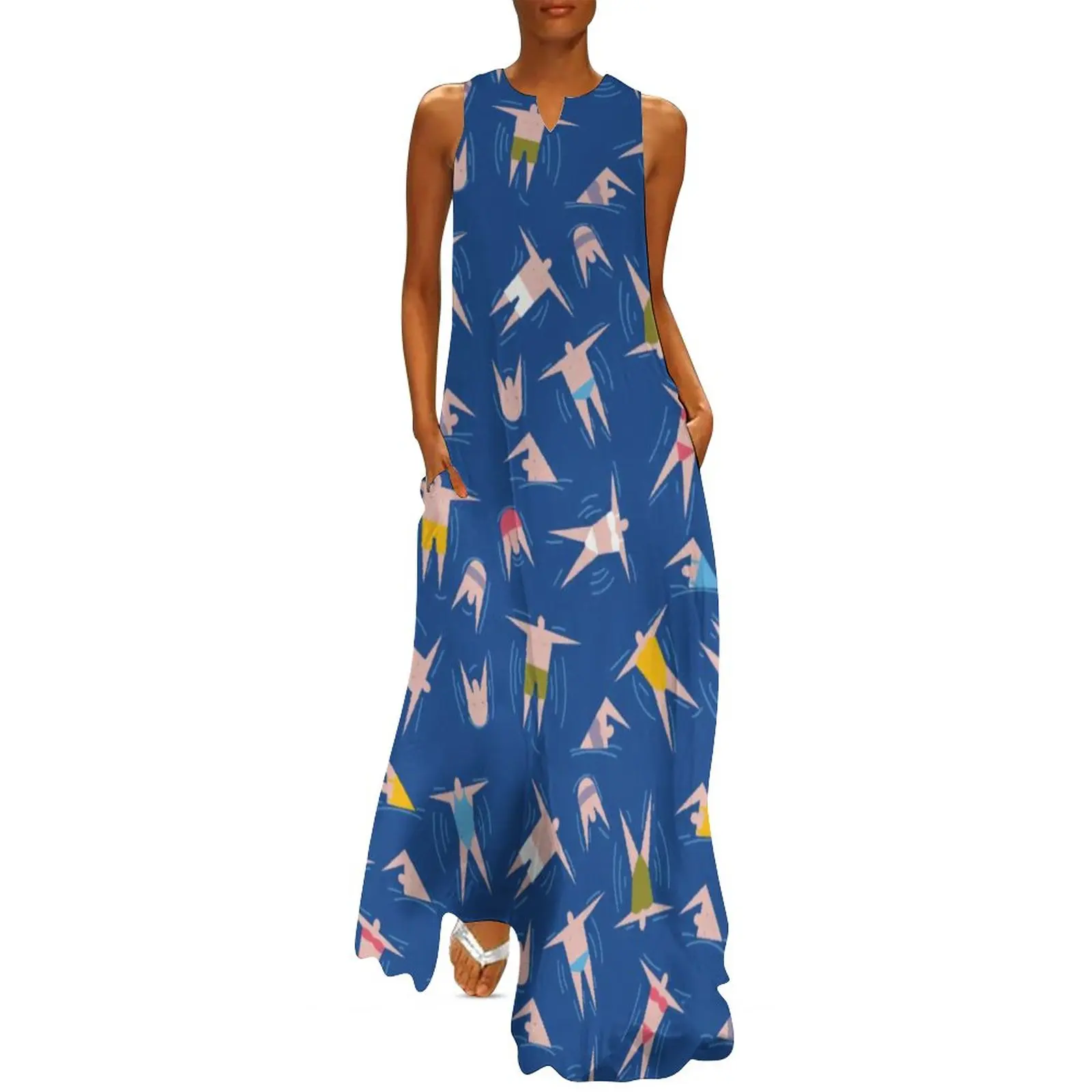 

Beach Vacation Dress Swimming People Party Maxi Dress V Neck Graphic Casual Long Dresses Street Fashion Oversized Vestido
