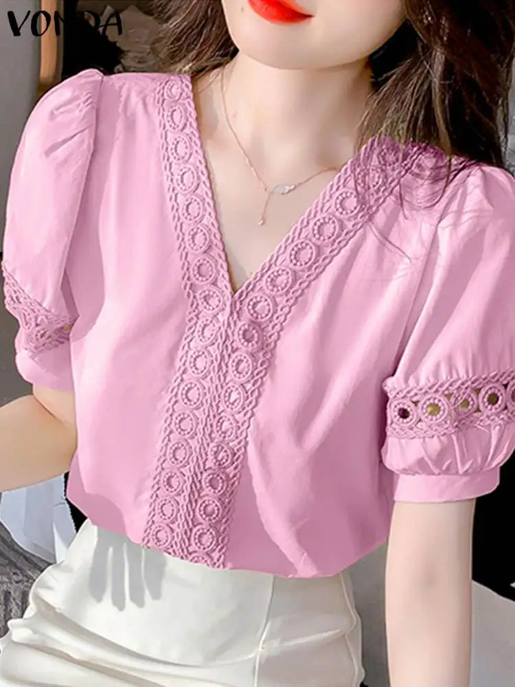

2023 VONDA женские летние блузки сексуальные с V-образным вырезом Женские Рубашки повседневные свободные с коротким пышным рукавом элегантные белые кружевные блузки