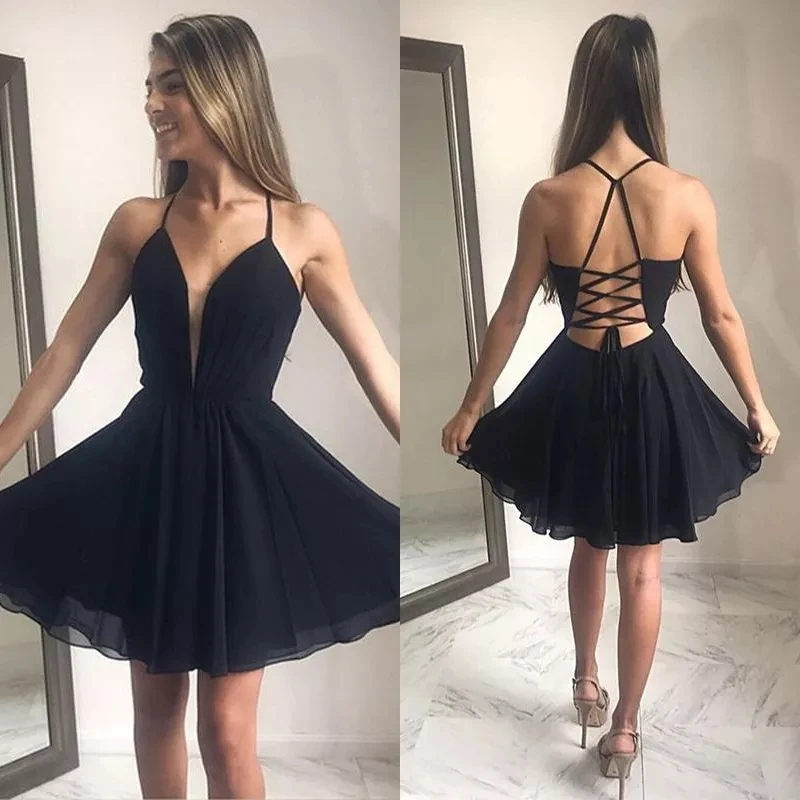 2022 Little Black Homecoming Dresses Short Mini Length Chiffon Sexy Backless Party Gowns Criss Cross Chiffon Bridesmaid Dress  - buy with discount
