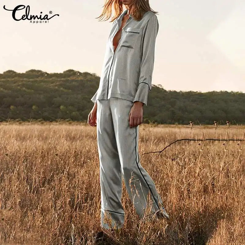 

Celmia Women Pocket Loungewear Satin Contrast Colored Sleepwear Autumn Lapel Long Sleeves Top and Long Pant 2 pcs Pajama Sets
