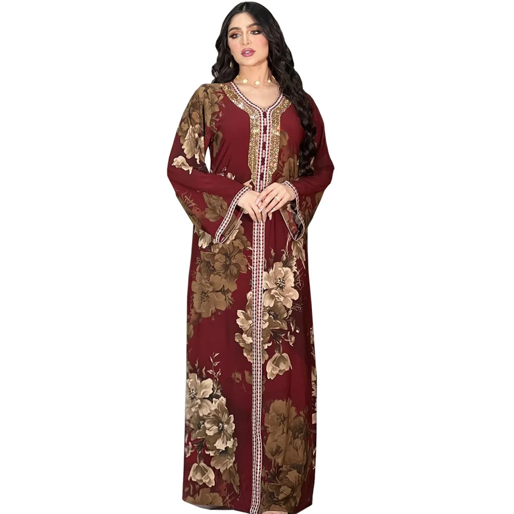 Dark Red Abaya Flower Printing  V Neck Beading Embroidery Birthday Long Sleeve Dress for Women Luxury 2023  Prom Dress