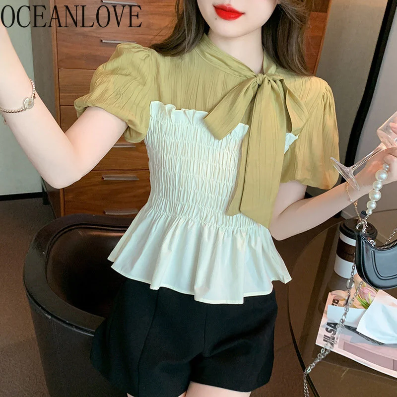 

Pu Sleeve Shirts&blouses Rules Bow Sweet Summer Blusas Para Mujer Korean ashion Patchwork Women Tops Retro