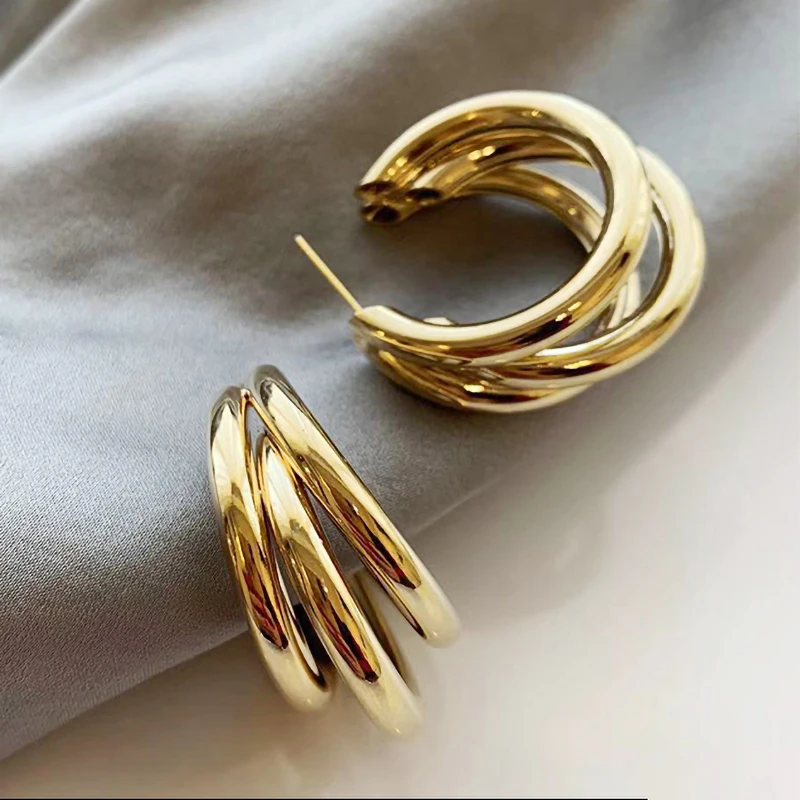 

2023 New Trendy Three-layer Earrings Circle Ear Accessories Gold and Silver Color Round Drop Earring for Women