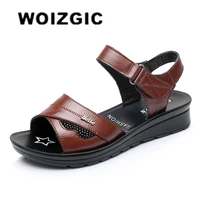 woizgic women mother old female sandals shoes cow genuine leather casual pu hook loop summer beach cool size 35 41 hd b01