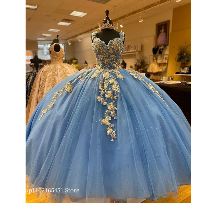 

Sky Blue Mexican Quinceanera Dresses 2023 Gold Lace Appliques 3D Flowers Lace-up Corset Prom Sweet 15 Vestidos De XV Anos