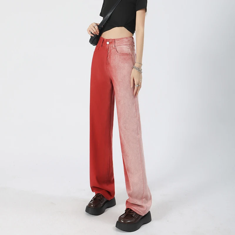 

Designer Gradient Jeans Women's Spring Summer New Red Smudge High Street Casual Wide-leg Mopping Denim Trousers Female