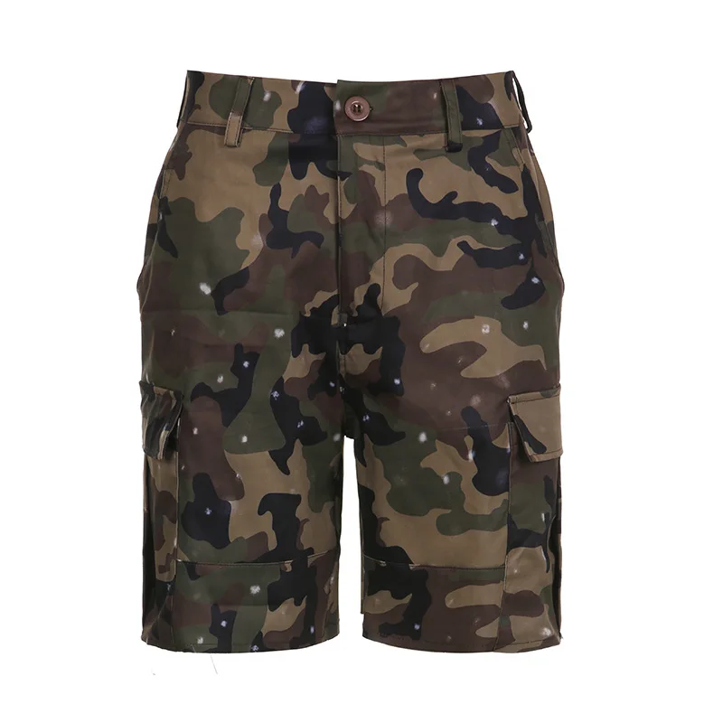 Camouflage Cargo Shorts For Women High Waist Zipper Pockets Green Camo Overalls Streetwear Retro Straight Leg Short Pants