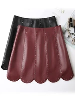 2022 sheepskin leather skirt women skirt new heavy industry rivet high waist a line skirt j7