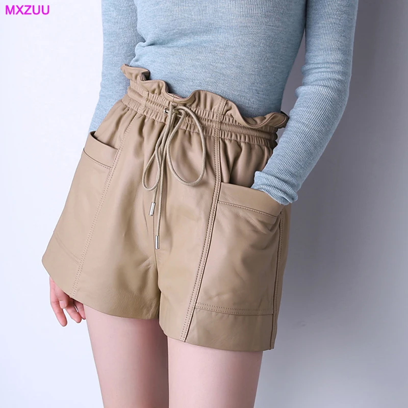 

Women Genuine Sheepskin Booty Shorts Feminino Elastic Waist Show Thin Drawstring Big Pocket Casual Wide Leg Pants Calzones Mujer