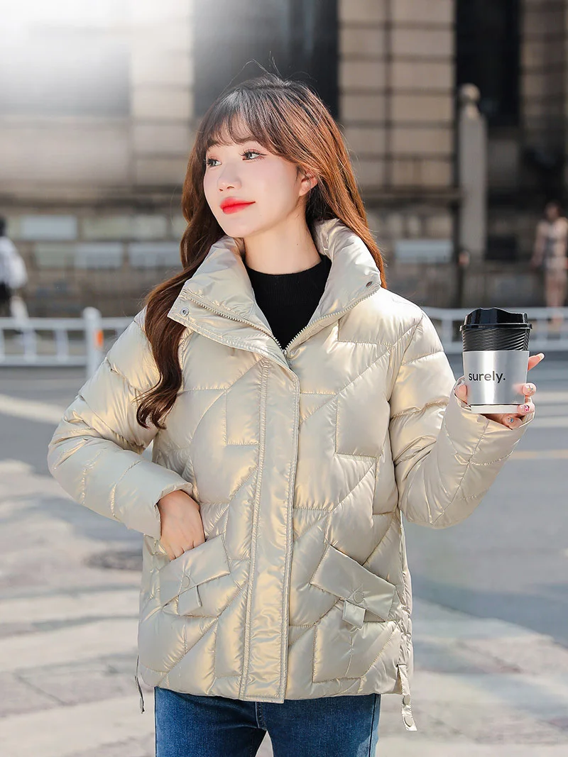 2022 Winter Jacket Women Short Womens Parkas Thicken Outerwear Solid Coats Shiny Female Slim Cotton Padded Basic Tops