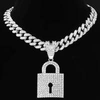 hip hop full rhinestone thick lock pendant necklace for women men bling crystal cuban chain choker necklace statement jewelry