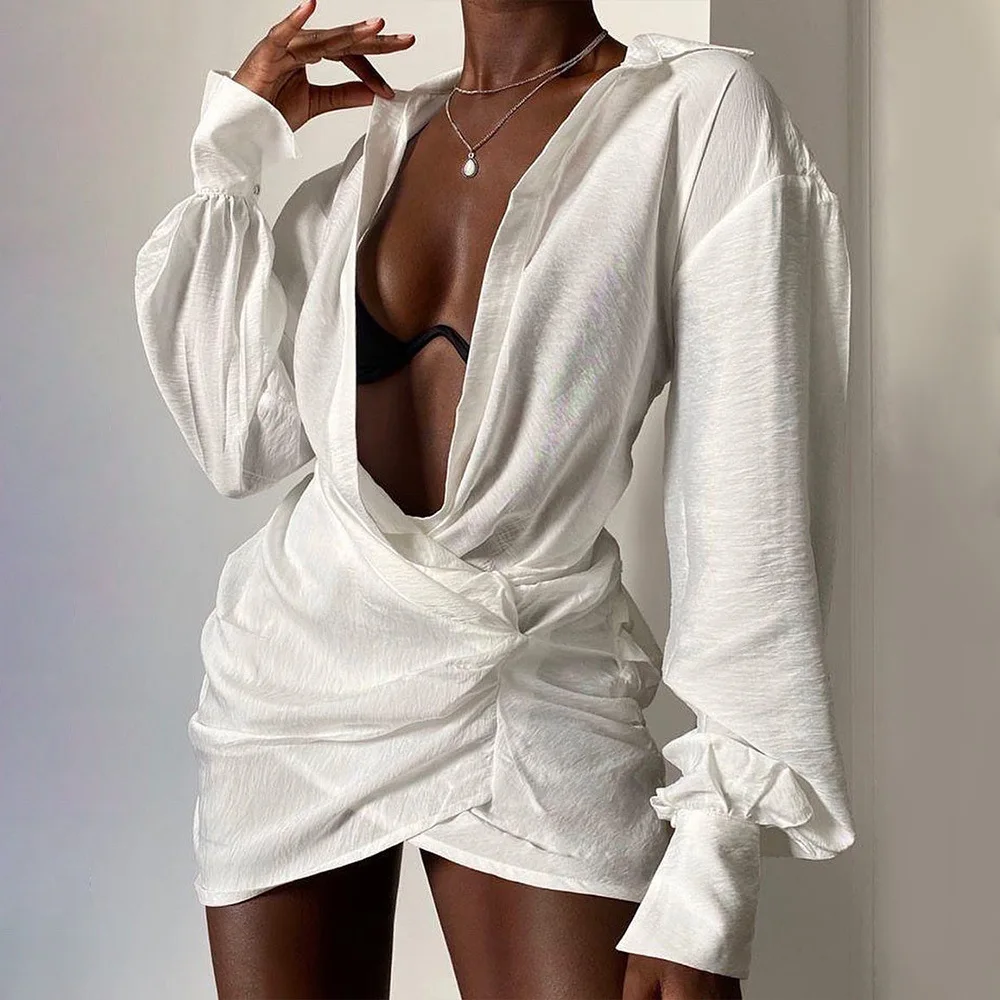 

Europe and America long-sleeved white shirt sexy deep V women's new INS online celebrity linen dress