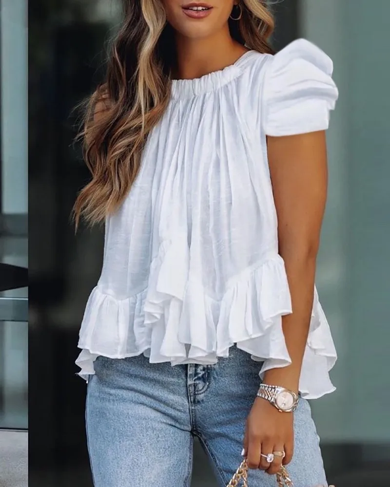 

Puff Sleeve Ruffle Hem Ruched Top Women Solid Color Summer White Fashion Casual Tops T Shirt Tee