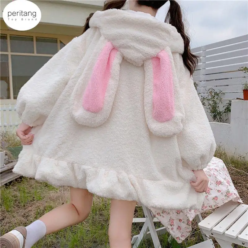 

Zip Up Jacket Jacket Women Lolita Teddy Rabbit Ears Hooded Soft Girl Ruffle Faux Wool Coat Lambswool Cotton Thick Outer New