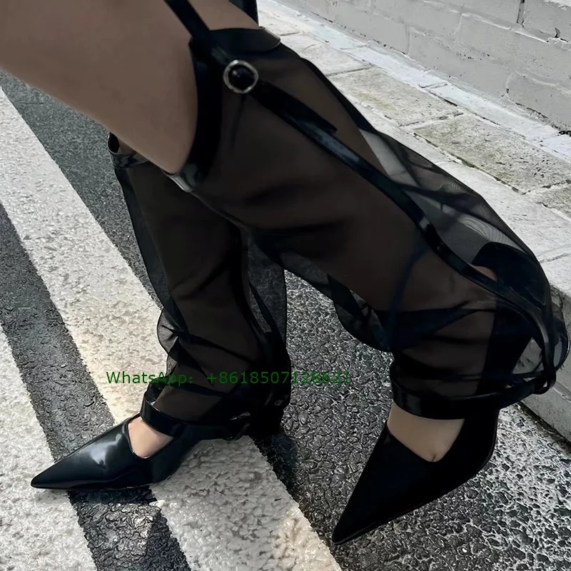 Black Low Heel Pointed Toe Mesh Sleeve Pumps Patent Leather Knee High Heels Sexy Women Shoes