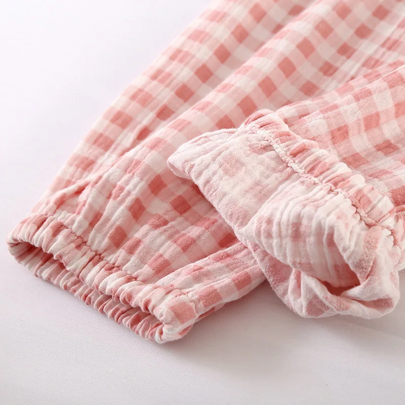 Pajamas Woman Spring and Autumn Pure Cotton Japanese Plaid Ladies Home Suit Round Neck Long-sleeved Fresh and Simple Sleepwear