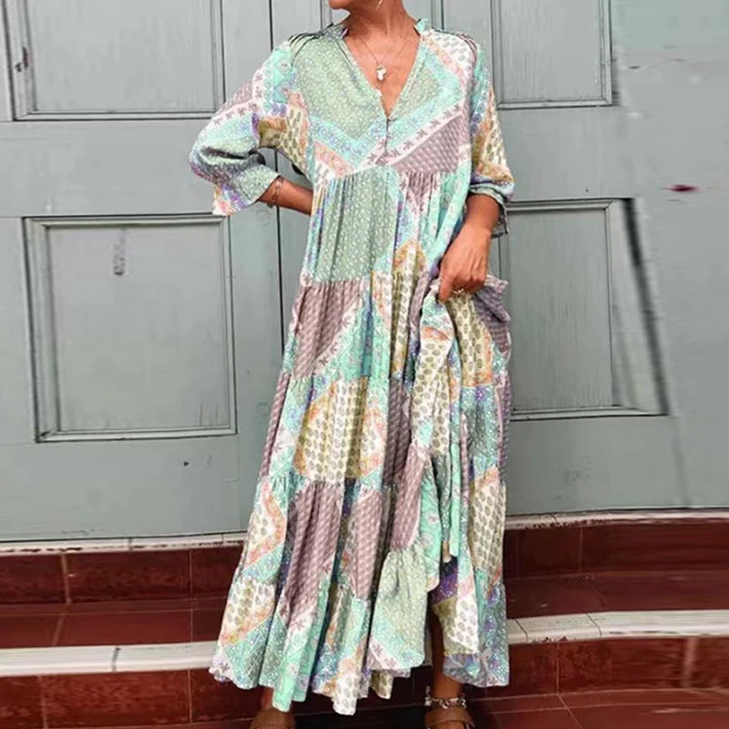 

Spring Retro Pattern Print Patchwork Party Dress Women V Neck Button A-Line Long Dress Autumn Half Sleeve Boho Office Lady Dress