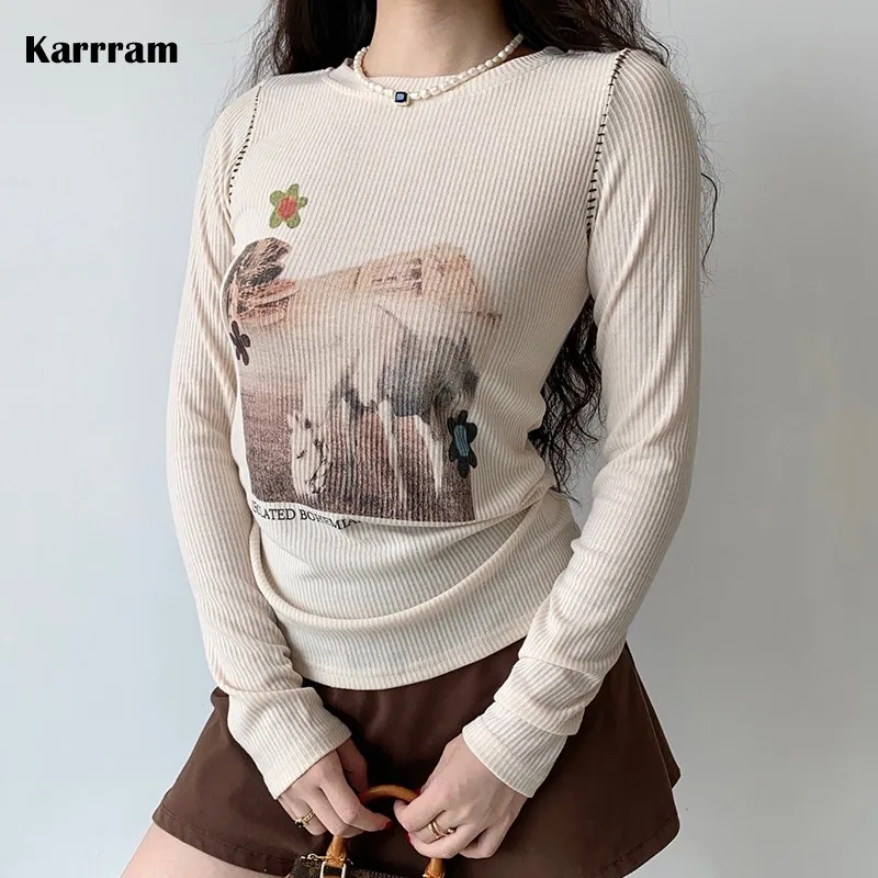 

Karrram Женская винтажная уличная одежда Фея гранж футболки в рубчик с длинным рукавом в стиле панк альтернативная одежда Kpop Y2k топ с графическ...
