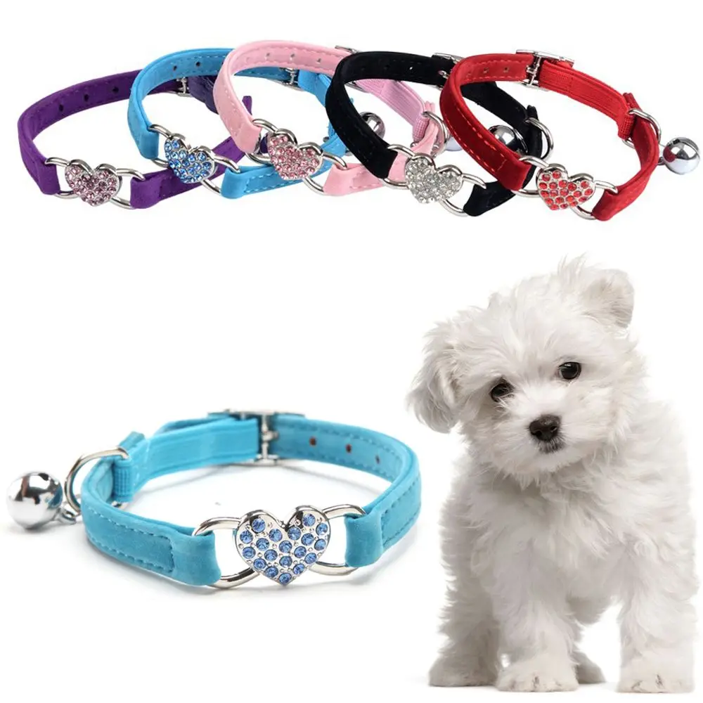 

Cute Cat Kitty Puppy Crystal Pet Necklacce Dog Collar Bell Heart Shape Velvet