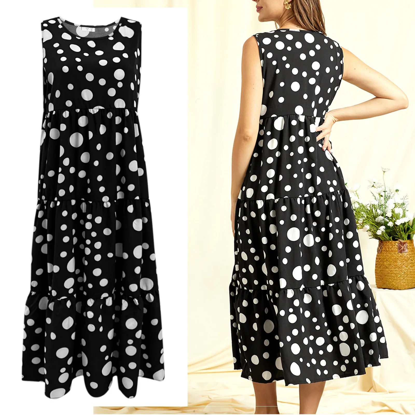 

Ladies Polka Dot Prints Elegant Round Neck Sleeveless Dress Womens Dress Long