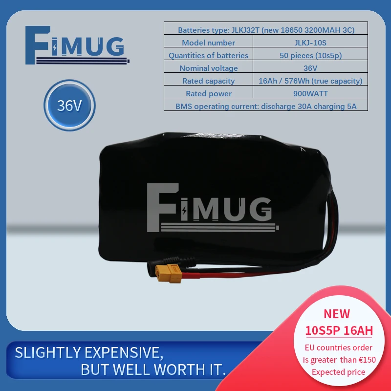 

FIMUG 36V 10S5P 16Ah 18650 high-capacity power lithium battery pack for Electric Motorcycle Scooter Bike With 30A balance BMS