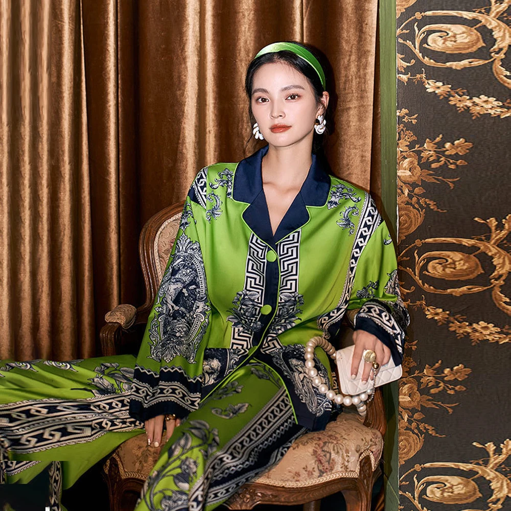 New Spring Women Satin Pajamas Set Long Sleeve Female Sleepwear 2 Pieces Pajama Sets Silk Pijama Lotus Print Pyjama Homewear