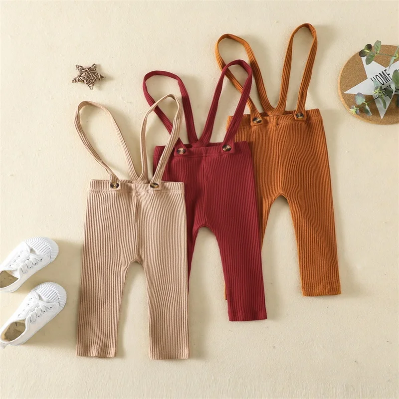 

Infant Baby Suspender Trousers, Solid Color Ribbed High Waist Long Pants for Girls Boys, 3 Months-3 Years