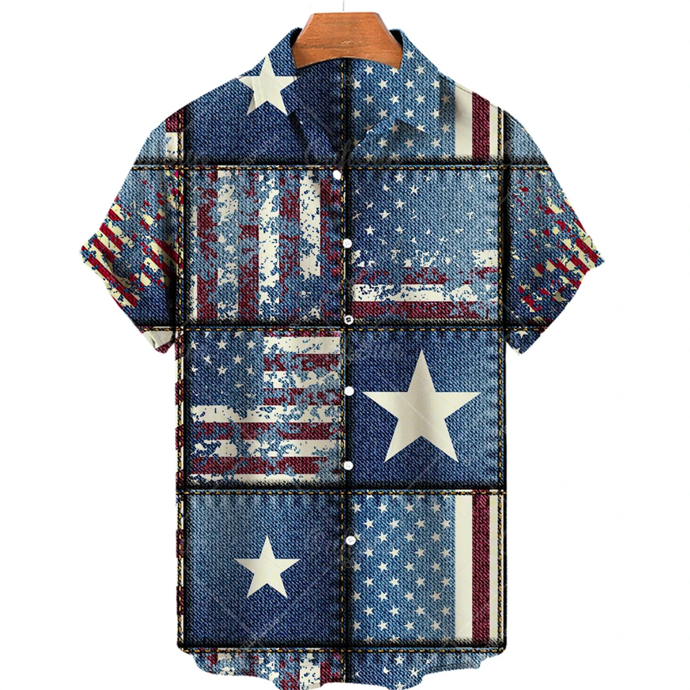 

2022 Summer Men's American Flag Print Hawaiian Shirt Short Sleeve Beach Vacation Party Shirt