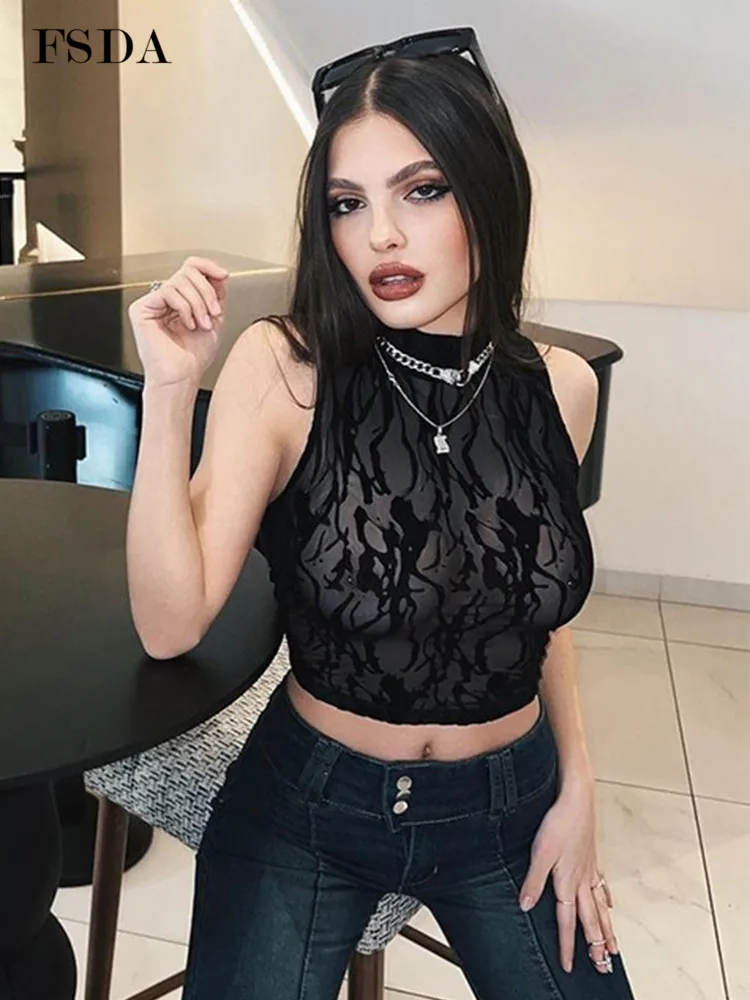 

Женский сетчатый прозрачный кроп-топ FSDA, черный пикантный Топ без рукавов, повседневная Вечерние майка Y2K, лето 2022, Базовая мода