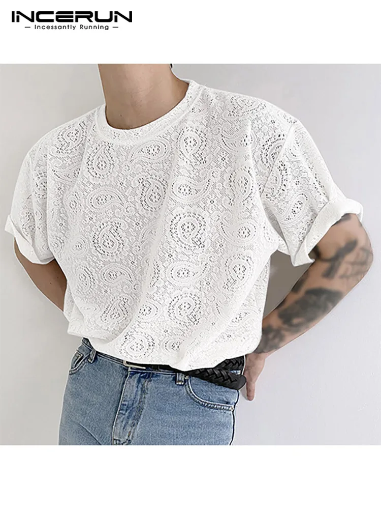 

INCERUN Tops 2022 Korean Style Men Printing Hollow Camiseta Casual Well Fitting Male Lace Comfortable Half Sleeve T-Shirts S-5XL