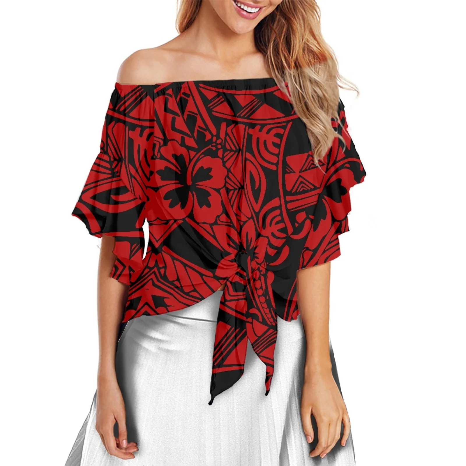 

Summer Womenl Tattoo Print Ethnic Style Off Shoulder Women Shirt Polynesia Elegant Flare Sleeve Stylish Soft Vintage Blouses