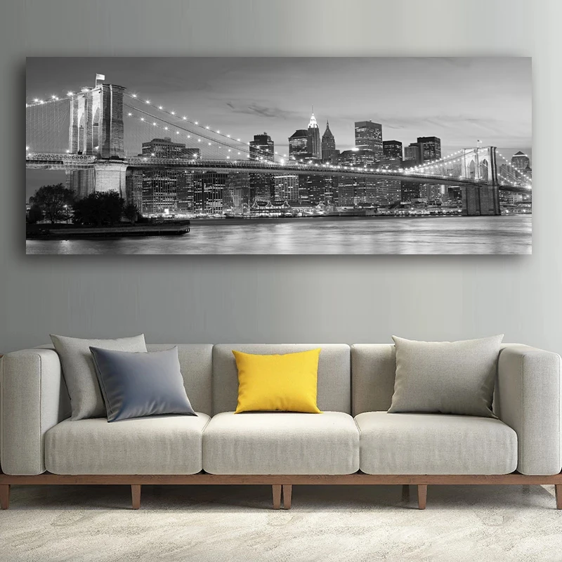 Черно-белая Настенная картина с изображением ночного вида Бруклина моста пейзаж